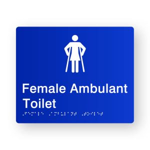 Female Ambulant Toilet Braille Sign in Blue Tactile Printed Acrylic. Blue Sign panel with White Female Ambulant Symbol. White text reads Female Ambulant Toilet. White Braille is shown