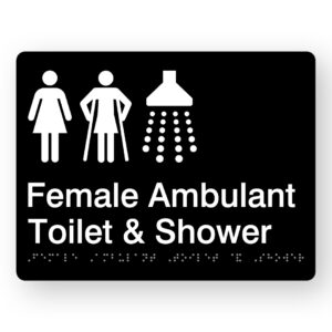 Female Ambulant Toilet & Shower Braille Sign in Black Acrylic - Image 1