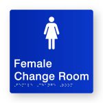Female Change Room Braille Sign in Tactile printed Blue Acrylic. Blue Sign Panel with White Female Symbol. White text reads Female Change Room. White Braille text is shown
