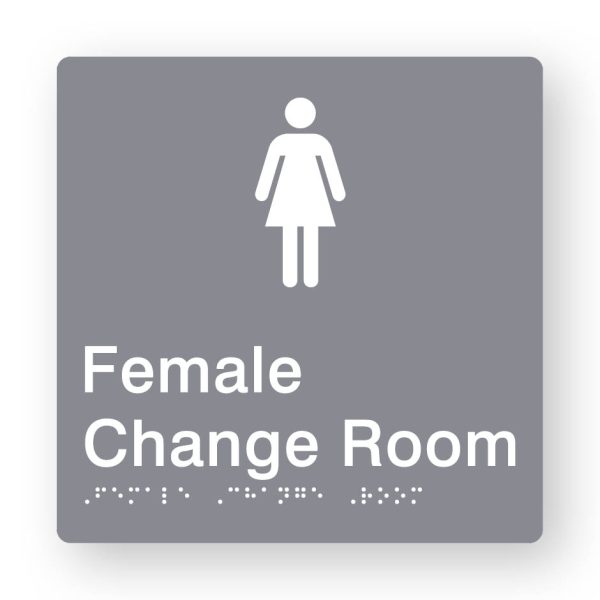 Female Change Room Braille Sign in Grey Tactile printed Acrylic Female Change Room Braille Sign in Grey Tactile printed Acrylic. Grey Sign panel with white Female Symbol. White Text reads Female Change Room. White Braille Text is shown