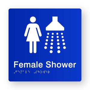 Female Shower Braille Sign in Tactile printed Acrylic. Blue Sign panel with White Female & Shower Symbol & Text that reads Female & Shower. White Braille Text is shown