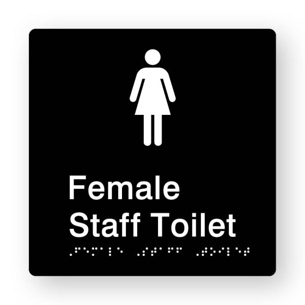 Female Staff Toilet Braille Sign in Tactile Printed Black Acrylic Female Staff Toilet Braille Sign in Tactile Printed Black Acrylic. Black Sign Panel with White Female Symbol & White Text that reads Female Staff Toilet. White Braille Text is Shown