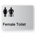 Female Toilet with Ambulant Symbol Braille Sign in Silver Acrylic. Silver Sign panel with Black Female & Female Ambulant Symbol. Black Text reads Female Toilet. Braille text is shown