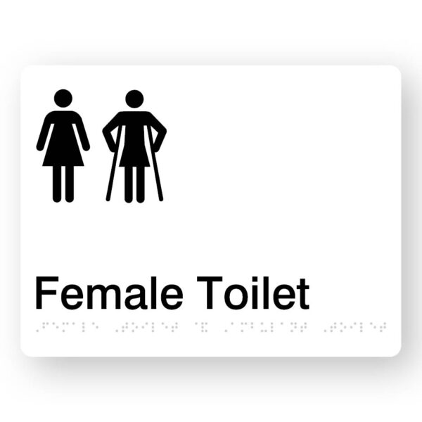 Female Toilet with Female Ambulant Symbol Braille Sign in White Acrylic Female Toilet with Female Ambulant Symbol Braille Sign in White Acrylic. White Sign panel with Black Female & Female Ambulant Symbol. Black Text reads Female Toilet. Braille Text is shown