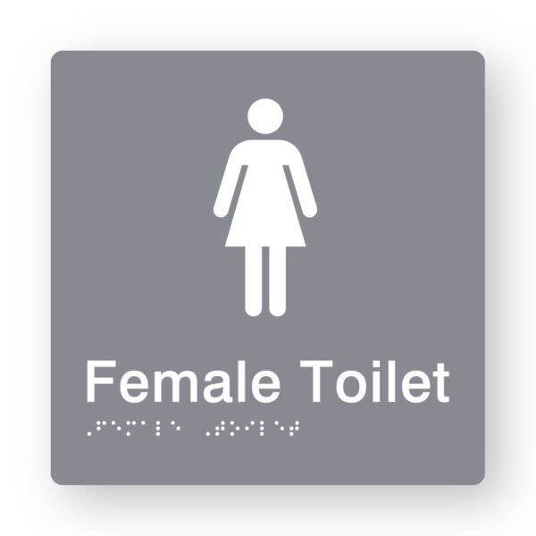 Female Toilet Braille Sign in Grey Tactile Printed Acrylic. Female Toilet Braille Sign in Grey Tactile Printed Acrylic. Grey Sign panel with White female Symbol. White text reads Female Toilet. White Braille text is shown
