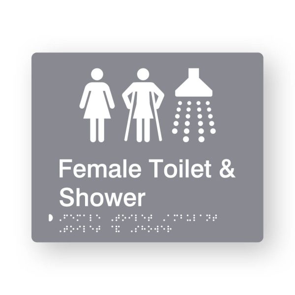 Female Toilet & Shower Braille Sign in tactile printed Grey Acrylic Female Toilet & Shower Braille Sign in tactile printed Grey Acrylic. Grey Sign panel with White Female, Female Ambulant & Shower Symbols. White text reads Female Toilet & Shower. White Braille is shown