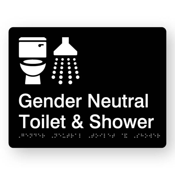 Gender Neutral Toilet & Shower Braille Sign in Black Acrylic. A black panel with white tactile text & graphics including Toilet & Shower symbol.