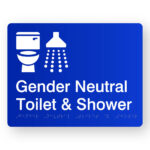 Gender Neutral Toilet & Shower Braille Sign in Blue Acrylic. Blue panel with white tactile text & graphics including Toilet & Shower symbol.
