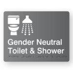 Gender Neutral Toilet & Shower Braille Sign in Grey Acrylic. A grey panel with white tactile text & graphics including Toilet & Shower symbol.
