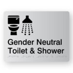 Gender Neutral Toilet & Shower Braille Sign in Silver Acrylic. A silver panel with black tactile text & graphics including Toilet & Shower symbol.