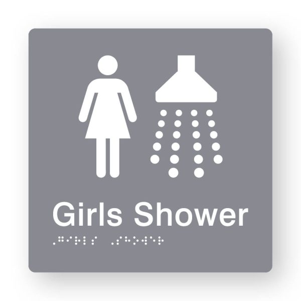 Girls Shower Braille Sign in Grey Tactile Printed Acrylic Girls Shower Braille Sign in Grey Tactile Printed Acrylic. Grey Sign Panel with white Female & Shower Symbols. White Text reads Girls Shower. White Braille Text is shown