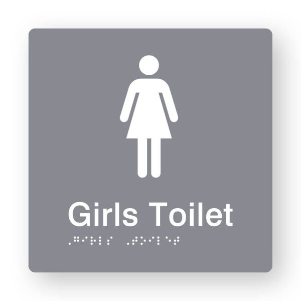 Girls Toilet Braille Sign in Grey Tactile Printed Acrylic Girls Toilet Braille Sign in Grey Tactile Printed Acrylic. Grey Sign Panel with white Female Symbol. White Text reads Girls Toilet. White Braille Text is shown