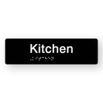 Kitchen Braille Sign in Tactile printed Black Acrylic. Black Sign panel with White Text that reads Kitchen. White Braille is shown