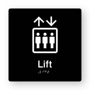 Lift Braille Sign in Tactile Printed black Acrylic. Black Sign panel with White Lift Symbol. White text reads Lift. White braille is shown.