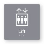Lift Braille Sign in Grey Tactile printed Acrylic. Grey Sign panel with white Lift Symbol. White Text reads Lift. White Braille Text is shown