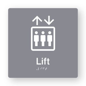 Lift Braille Sign in Grey Tactile printed Acrylic. Grey Sign panel with white Lift Symbol. White Text reads Lift. White Braille Text is shown