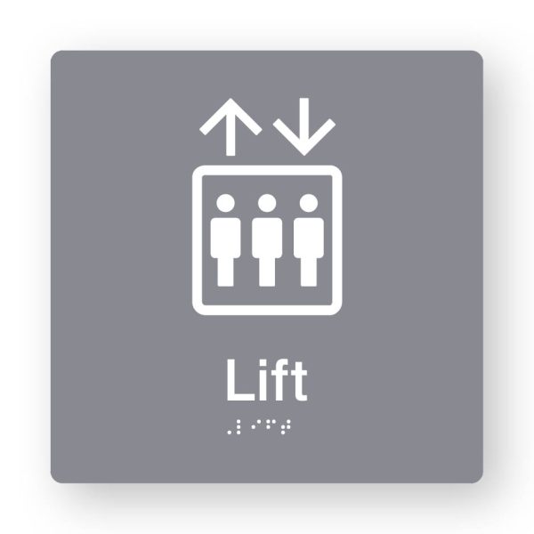 Lift Braille Sign in Grey Tactile printed Acrylic. Grey Sign panel with white Lift Symbol. White Text reads Lift. White Braille Text is shown