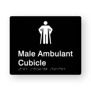 Male Ambulant Cubicle Braille Sign in Tactile printed Black Acrylic. Black Sign panel with White Male Ambulant Symbol. White text reads Male Ambulant Cubicle. White braille text is shown