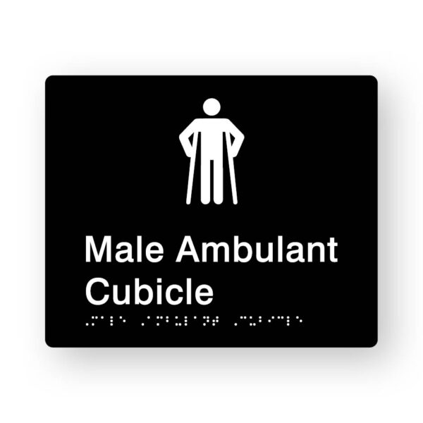 Male Ambulant Cubicle Braille Sign in Tactile printed Black Acrylic Male Ambulant Cubicle Braille Sign in Tactile printed Black Acrylic. Black Sign panel with White Male Ambulant Symbol. White text reads Male Ambulant Cubicle. White braille text is shown