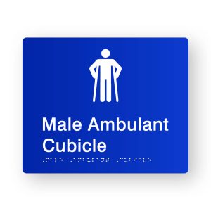 Male Ambulant Cubicle Braille Sign in Blue Tactile Printed Acrylic. Blue Sign panel with White Male Ambulant Symbol. White text reads Male Ambulant Cubicle. White Braille is shown