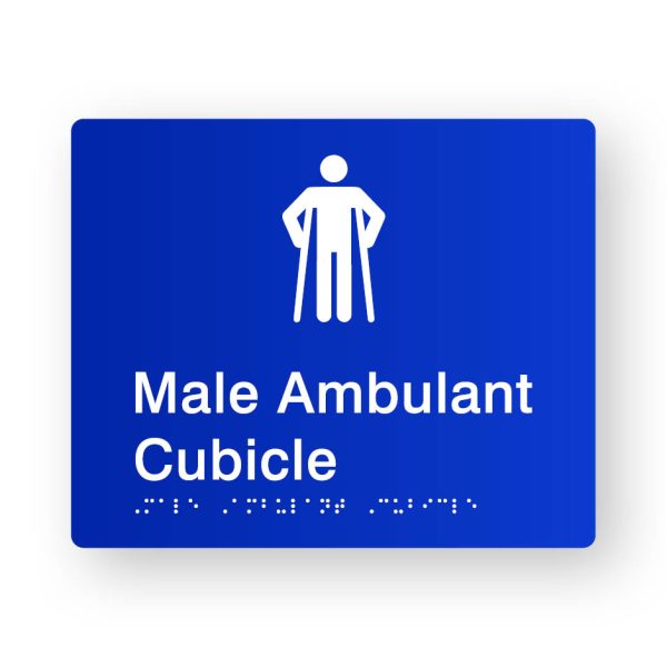 Male Ambulant Cubicle Braille Sign in Blue Tactile Printed Acrylic Male Ambulant Cubicle Braille Sign in Blue Tactile Printed Acrylic. Blue Sign panel with White Male Ambulant Symbol. White text reads Male Ambulant Cubicle. White Braille is shown