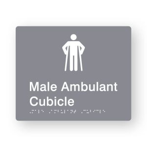 Male Ambulant Cubicle Braille Sign in Grey Tactile printed Acrylic. Grey Sign panel with white Male Ambulant Symbols. White Text reads Male Ambulant Cubicle. White Braille Text is shown
