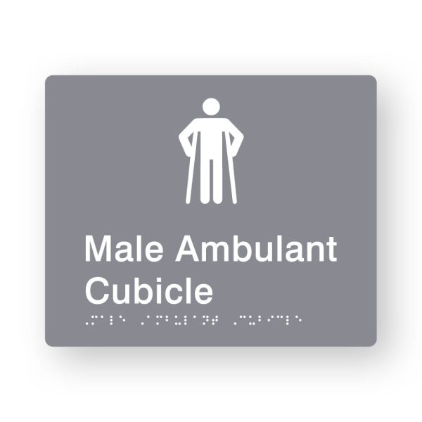 Male Ambulant Cubicle - (SKU-TPS-MAC) Grey Male Ambulant Cubicle Braille Sign in Grey Tactile printed Acrylic. Grey Sign panel with white Male Ambulant Symbols. White Text reads Male Ambulant Cubicle. White Braille Text is shown