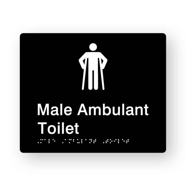Male Ambulant Toilet Braille Sign in Tactile printed Black Acrylic Male Ambulant Toilet Braille Sign in Tactile printed Black Acrylic. White Male Ambulant Symbol, white text reads Male Ambulant Toilet. White Braille is shown
