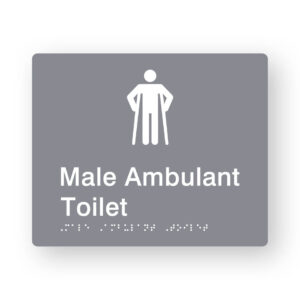 Male Ambulant Toilet Braille Sign in Grey Tactile Printed Acrylic. Grey Sign panel with white Male Ambulant symbol. White text reads Male Ambulant Toilet. White Braille Text is shown