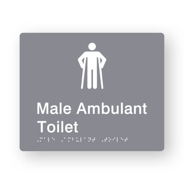 Male Ambulant Toilet Braille Sign in Grey Tactile Printed Acrylic Male Ambulant Toilet Braille Sign in Grey Tactile Printed Acrylic. Grey Sign panel with white Male Ambulant symbol. White text reads Male Ambulant Toilet. White Braille Text is shown