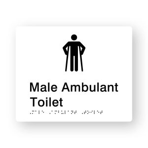 Male Ambulant Toilet Braille Sign in Tactile printed White Acrylic. White Sign panel with Black Male Ambulant Symbol. Black text reads Male Ambulant Toilet. Braille text is shown