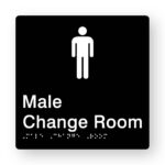 Male Change Room Braille Sign in Tactile Printed Black Acrylic. Black Sign panel with White Male Symbol & White text that reads Male Change Room. White Braille Text is shown