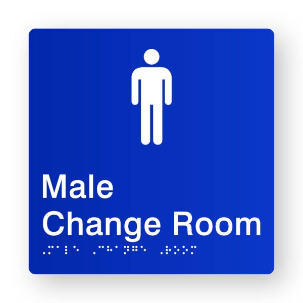 Male Change Room Braille Sign in Tactile printed Blue Acrylic Male Change Room Braille Sign in Tactile printed Blue Acrylic. Blue Sign Panel with White Male Symbol. White text reads Male Change Room. White Braille text is shown