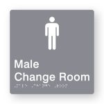 Male Change Room Braille Sign in Grey Tactile printed Acrylic. Grey Sign panel with white Male Symbol. White Text reads Male Change Room. White Braille Text is shown