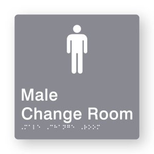 Male Change Room Braille Sign in Grey Tactile printed Acrylic. Grey Sign panel with white Male Symbol. White Text reads Male Change Room. White Braille Text is shown