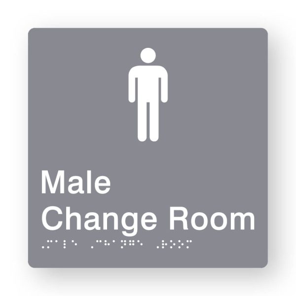 Male Change Room Braille Sign in Grey Tactile printed Acrylic Male Change Room Braille Sign in Grey Tactile printed Acrylic. Grey Sign panel with white Male Symbol. White Text reads Male Change Room. White Braille Text is shown