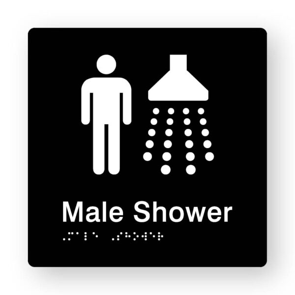 Male Shower Braille Sign in Tactile Print Black Acrylic Male Shower Braille Sign in Tactile Print Black Acrylic. Black Sign Panel with White Male & Shower Symbol. White text reads Male Shower. White Braille text is shown
