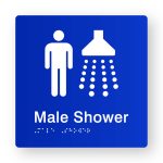 Male Shower Braille Sign in Tactile printed Acrylic. Blue Sign panel with White Male & Shower Symbol & Text that reads Male & Shower. White Braille Text is shown