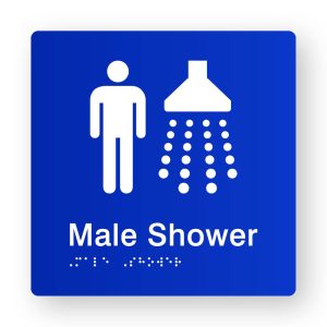 Male Shower Braille Sign in Tactile printed Acrylic. Blue Sign panel with White Male & Shower Symbol & Text that reads Male & Shower. White Braille Text is shown
