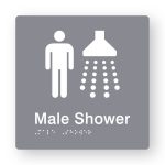Male Shower Braille Sign in Grey Tactile printed Acrylic. Grey Sign panel with white Male & Shower Symbols. White Text reads Male Shower. White Braille Text is shown