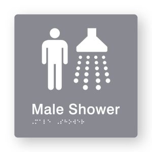 Male Shower Braille Sign in Grey Tactile printed Acrylic. Grey Sign panel with white Male & Shower Symbols. White Text reads Male Shower. White Braille Text is shown