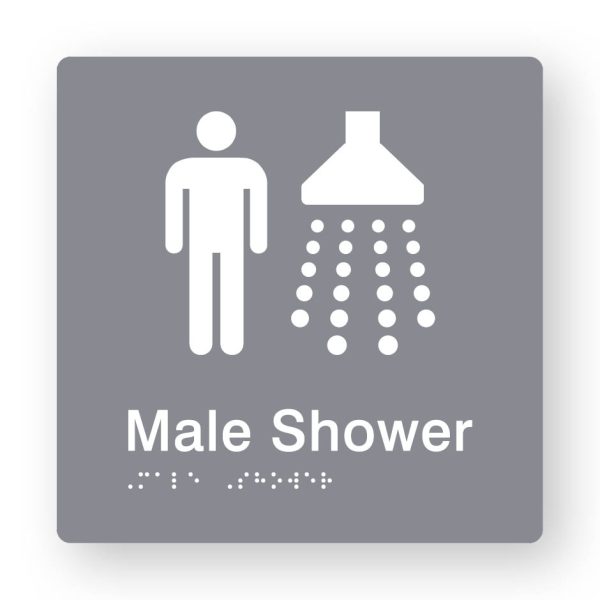 Male Shower Braille Sign in Grey Tactile printed Acrylic Male Shower Braille Sign in Grey Tactile printed Acrylic. Grey Sign panel with white Male & Shower Symbols. White Text reads Male Shower. White Braille Text is shown