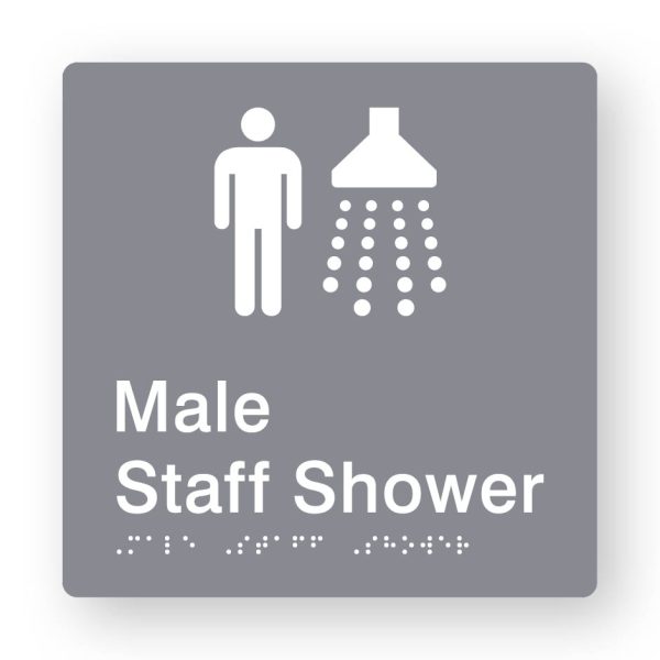 Male Staff Shower Braille Sign in Grey Tactile printed Acrylic Male Staff Shower Braille Sign in Grey Tactile printed Acrylic. Grey Sign panel with white Male & Shower Symbols. White Text reads Male Staff Shower. White Braille Text is shown