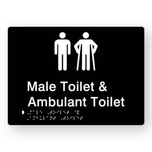 Male Toilet & Ambulant Toilet Braille Sign in Tactile Printed Black Acrylic. Black Sign Panel with White Male & Male Ambulant Symbols. White text reads Male Toilet & Ambulant Toilet. White Braille Text is shown