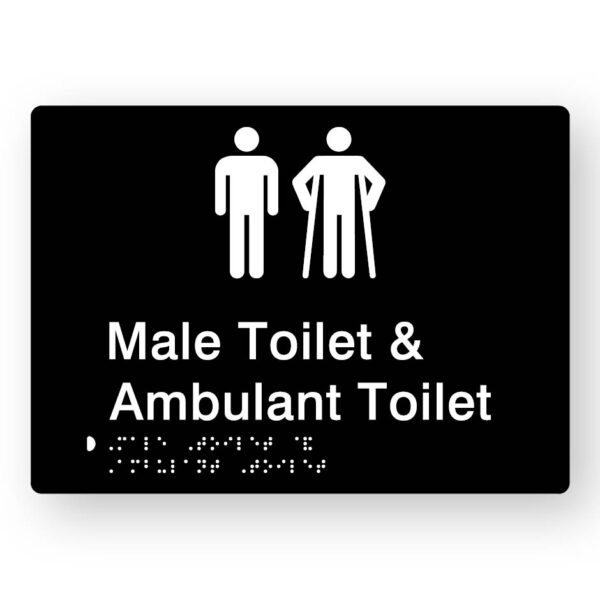 Male Toilet & Ambulant Toilet Braille Sign in Tactile Printed Black Acrylic Male Toilet & Ambulant Toilet Braille Sign in Tactile Printed Black Acrylic. Black Sign Panel with White Male & Male Ambulant Symbols. White text reads Male Toilet & Ambulant Toilet. White Braille Text is shown