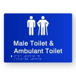 Male Toilet & Ambulant Toilet Braille Sign in Blue Tactile Printed Acrylic. Blue Sign Panel with White Male & Male Ambulant Symbols. White text reads Male Toilet & Ambulant Toilet. White Braille Text is shown