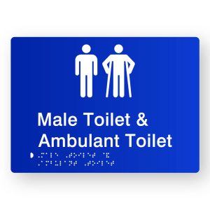 Male Toilet & Ambulant Toilet Braille Sign in Blue Tactile Printed Acrylic. Blue Sign Panel with White Male & Male Ambulant Symbols. White text reads Male Toilet & Ambulant Toilet. White Braille Text is shown