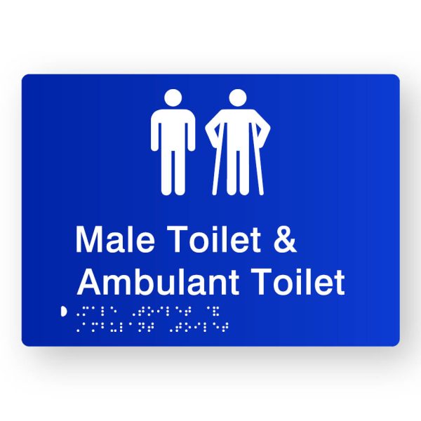Male Toilet & Ambulant Toilet Braille Sign in Blue Tactile Printed Acrylic Male Toilet & Ambulant Toilet Braille Sign in Blue Tactile Printed Acrylic. Blue Sign Panel with White Male & Male Ambulant Symbols. White text reads Male Toilet & Ambulant Toilet. White Braille Text is shown