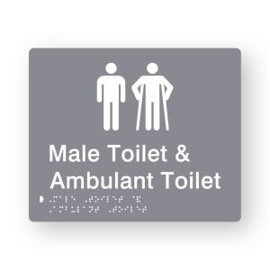 Male Toilet & Ambulant Toilet Braille Sign in Grey Tactile printed Acrylic. Grey Sign panel with white Male & Male Ambulant Symbols. White Text reads Male Toilet & Ambulant Toilet. White Braille Text is shown