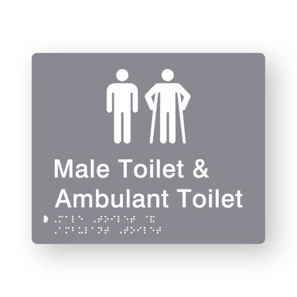 Male Toilet & Ambulant Toilet Braille Sign in Grey Tactile printed Acrylic Male Toilet & Ambulant Toilet Braille Sign in Grey Tactile printed Acrylic. Grey Sign panel with white Male & Male Ambulant Symbols. White Text reads Male Toilet & Ambulant Toilet. White Braille Text is shown